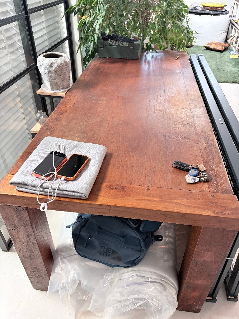 Robuuste Oud Houten Eettafel - H69 cm x L2.17 m, Ophalen, Gebruikt, Teakhout, 200 cm of meer