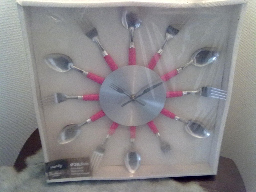 Keukenklok : Bestek(Roze/Zilver)Handy Ø 38,5 cm(sealed), Ophalen of Verzenden, Nieuw, Wandklok
