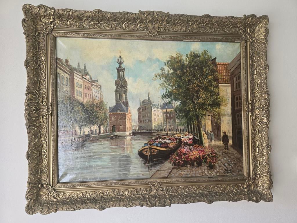 Olieverfschilderij: Amsterdamse gracht met bloemenmarkt, Ophalen of Verzenden