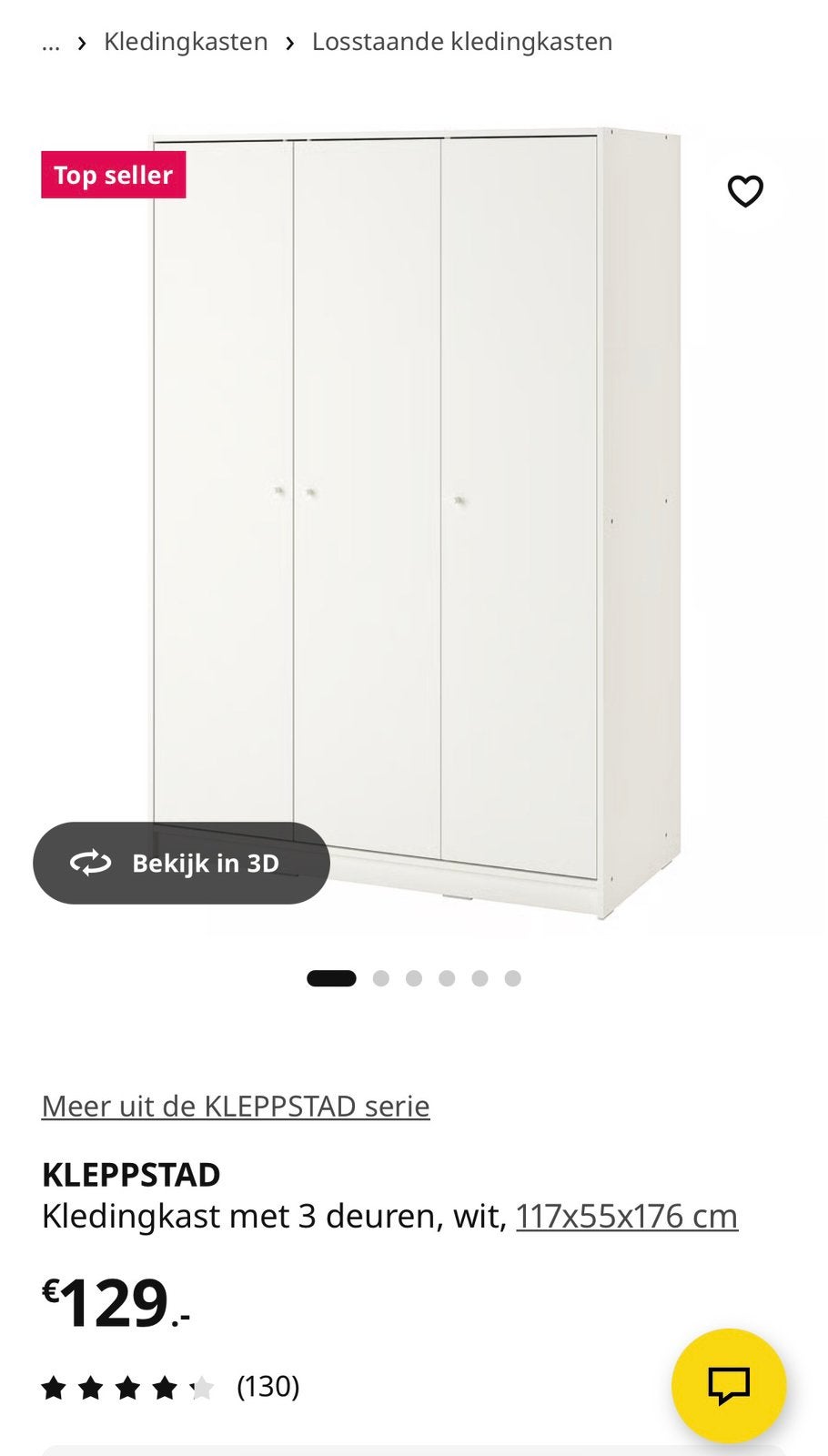 Kleppstad, kledingkast met 3 deuren wit, Ophalen, 100 tot 150 cm, Zo goed als nieuw, 150 tot 200 cm