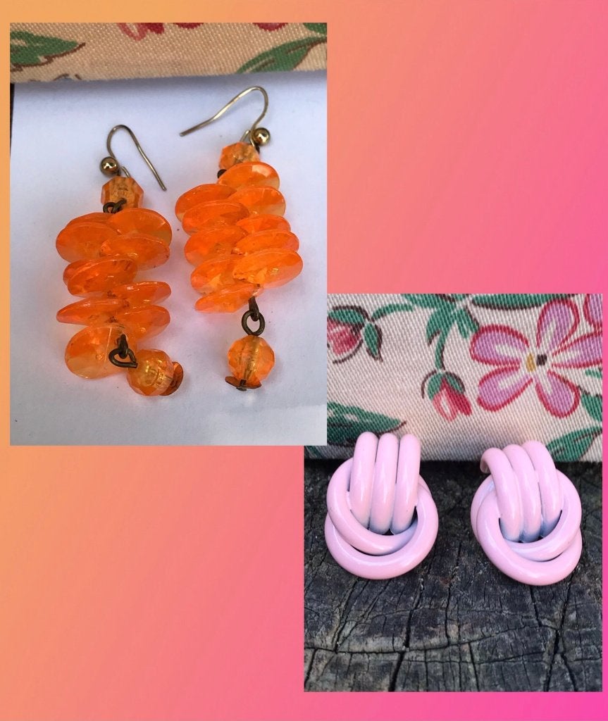 Oorbellen oranje en roze - vintage - jaren 70, Overige materialen, Oranje, Ophalen of Verzenden, Zo goed als nieuw