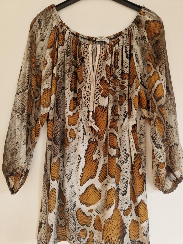 Trois Ka Blouse met Slangenprint en Lange Mouwen, Maat 38/40 (M), Beige, Ophalen of Verzenden, Zo goed als nieuw