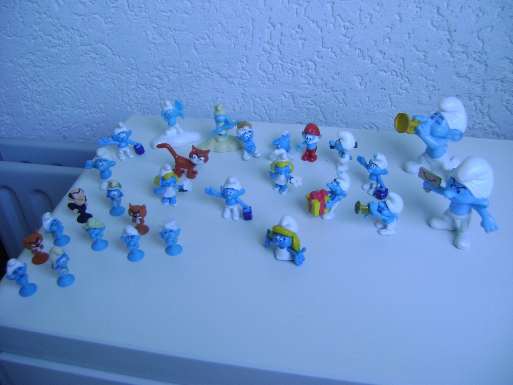 29 smurfen van 3t/m8cm waarvan 10 op zuignap 2 grootste 8cm, Ophalen of Verzenden, Zo goed als nieuw, Verschillende Smurfen, Poppetje, Figuurtje of Knuffel