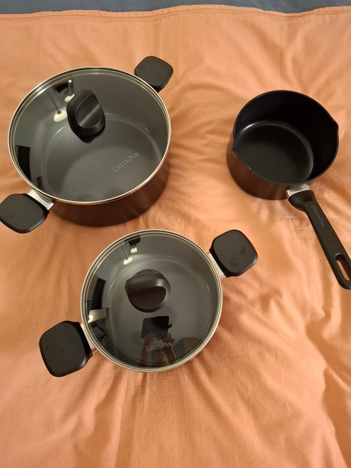 GreenPan drie pannen - ook voor inductie - PFAS vrij, Huis en Inrichting, Pannenset, Ophalen of Verzenden, Zo goed als nieuw, Met handvatten