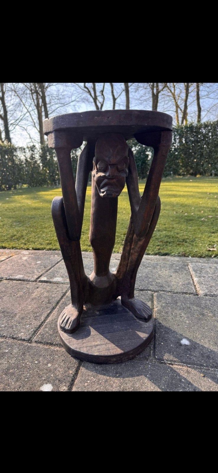 Unieke Afrikaanse Bijzettafel, Minder dan 55 cm, Gebruikt, Rond, Afrikaans, Etnisch, Handgesneden