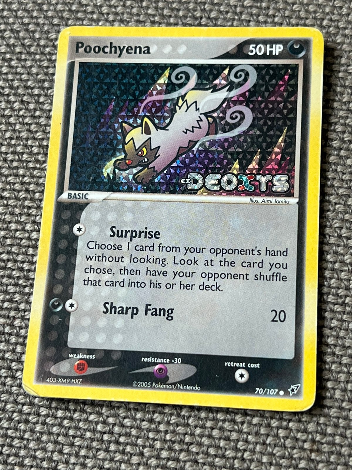 Poochyena 70/107 stamped Pokemon kaart - Deoxys set, Ophalen of Verzenden, Gebruikt, Losse kaart