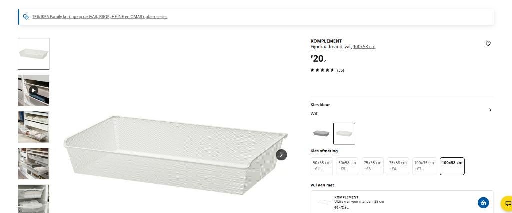 PAX KOMPLEMENT Fijndraadmand met uittrekrail, wit, 75x58 cm, Ophalen, 50 tot 100 cm, Zo goed als nieuw, Minder dan 100 cm