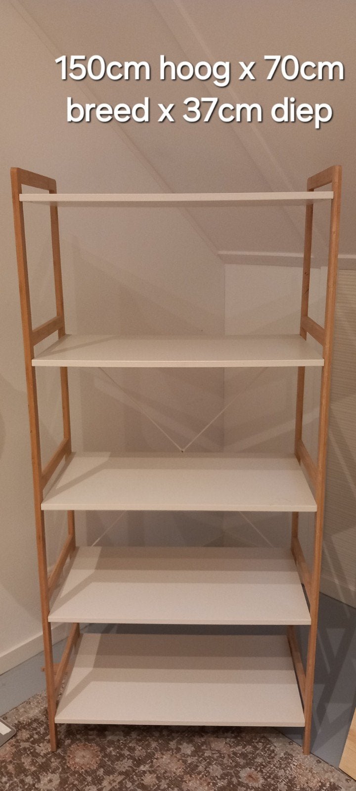 Wandkast met 5 legplanken, wit met beukenhout., Huis en Inrichting, Ophalen, Zo goed als nieuw