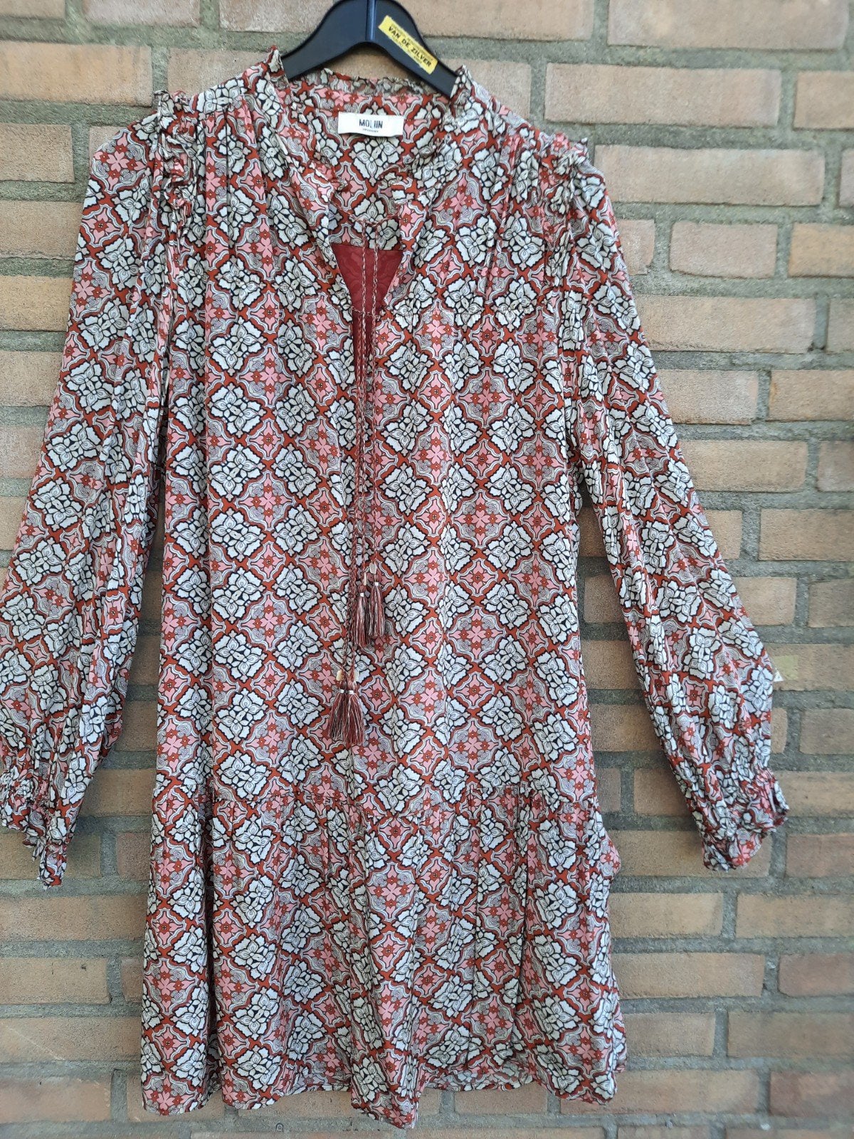 Moliin, jurk, maat l, oranje bruin, met print., Kleding | Dames, Jurken, Bruin, Moliin, Maat 42/44 (L), Ophalen of Verzenden