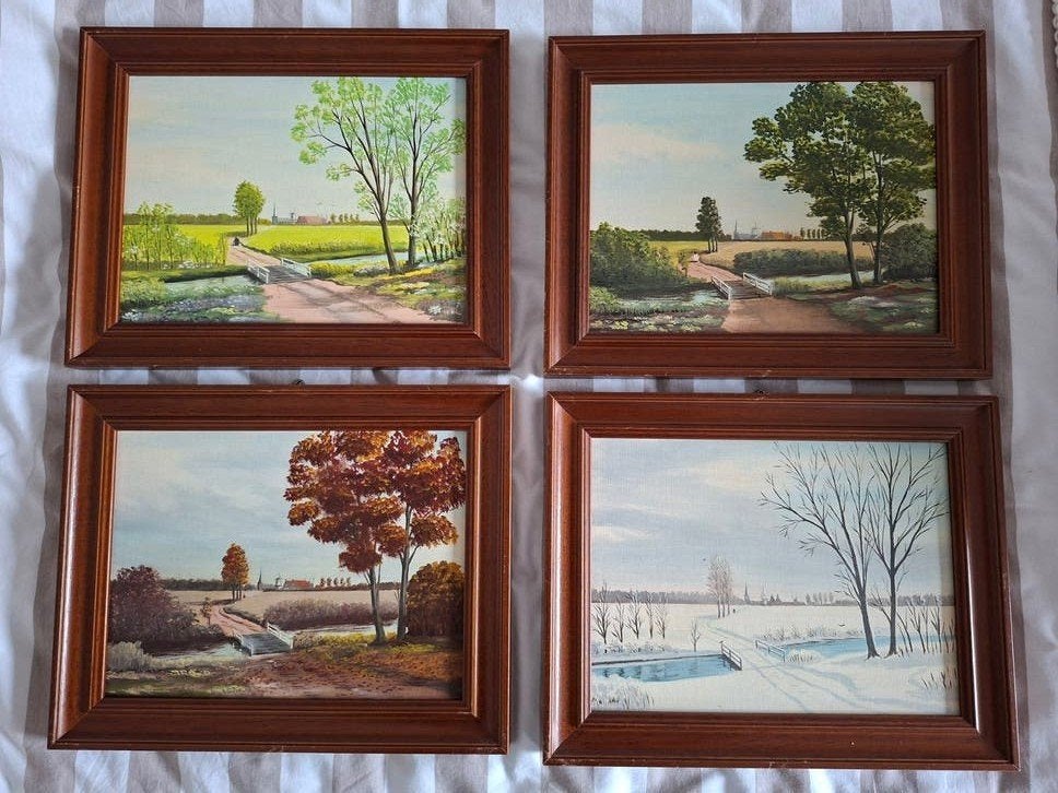 Set van 4 seizoenslandschappen, olieverf op paneel, Ingelijst, Doek, Realistisch, Ophalen of Verzenden