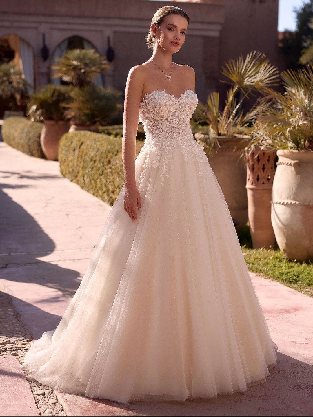Bianco Evento trouwjurk Lauren 3d kant tule blush strapless, Ophalen of Verzenden, Nieuw, Wit, Trouwjurk
