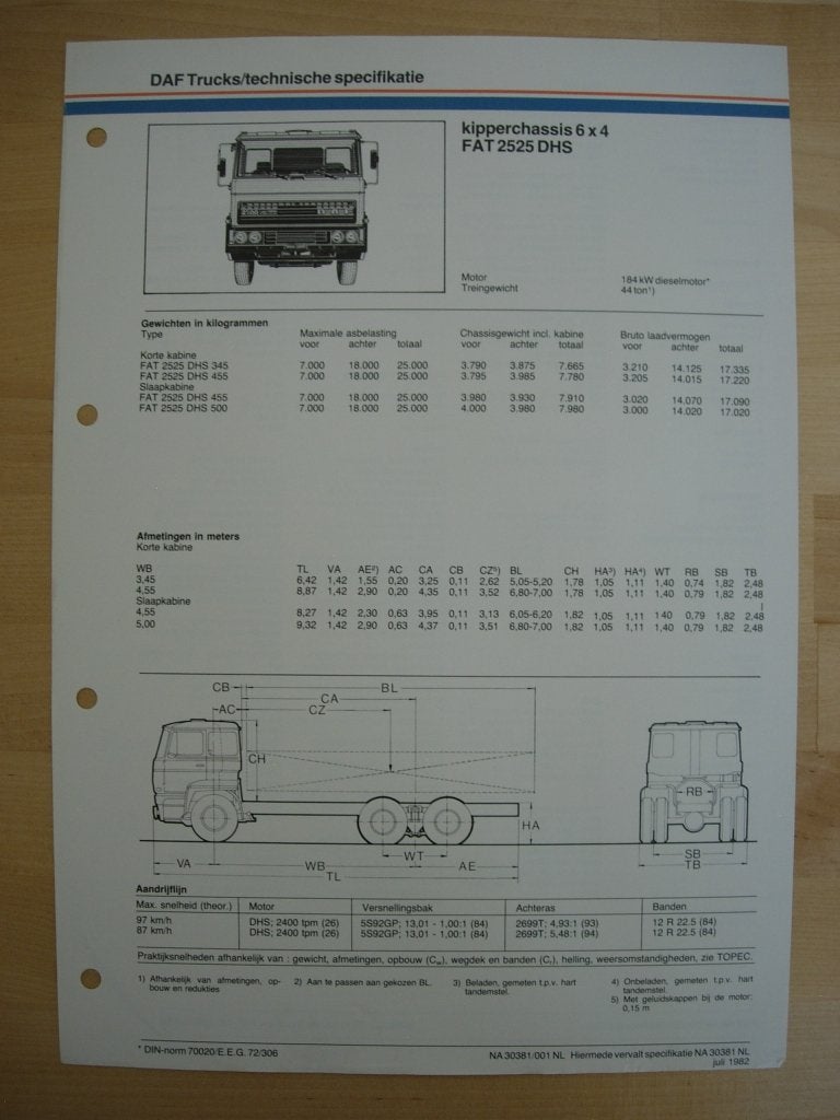 DAF FAT 2500 DHS Technische Specificatie Folder 1982 – 6x4, Ophalen of Verzenden, Zo goed als nieuw, Overige merken, DAF