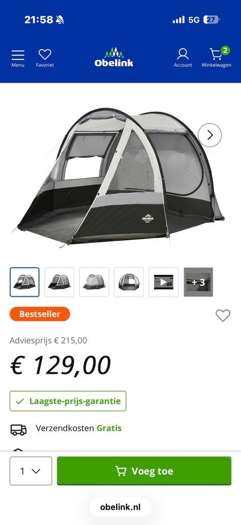 Obelink Trinity Bustent - Compacte en Ruime Busvoortent, Ophalen of Verzenden, Zo goed als nieuw, Tot en met 2