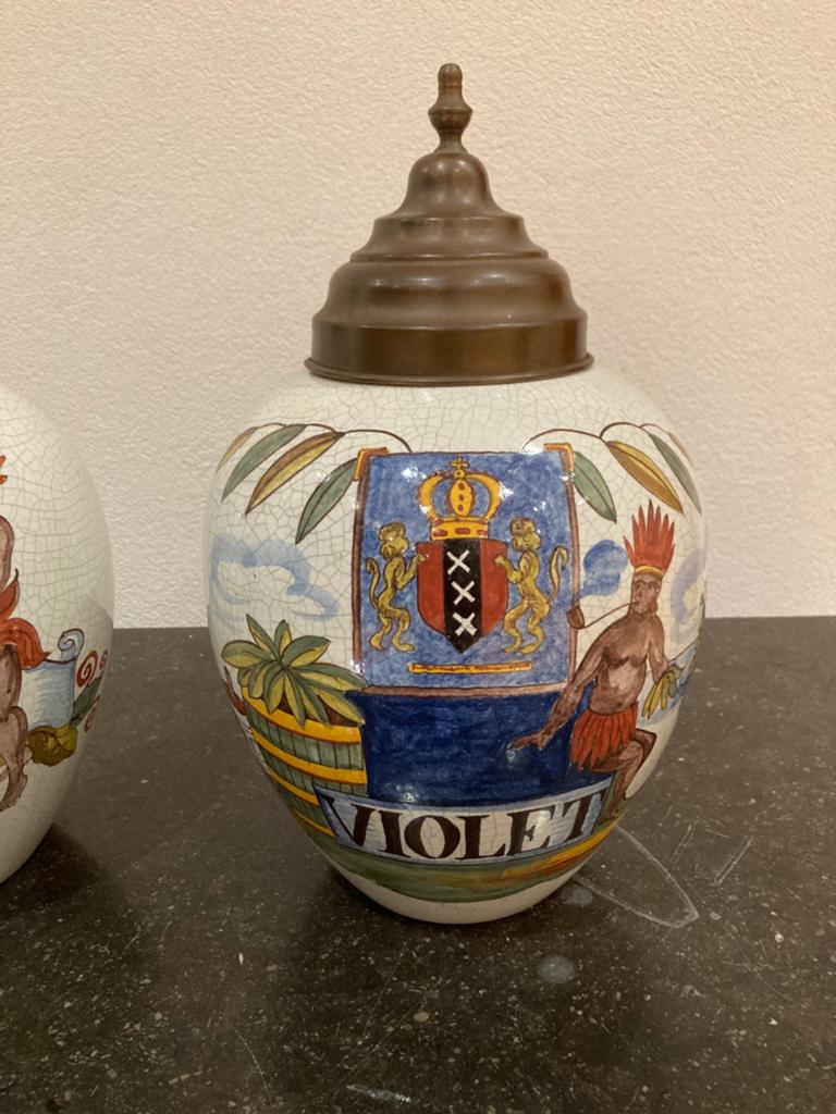 Tabaks potten (VOC) met koperen deksel (replica), 2 stuks, Ophalen