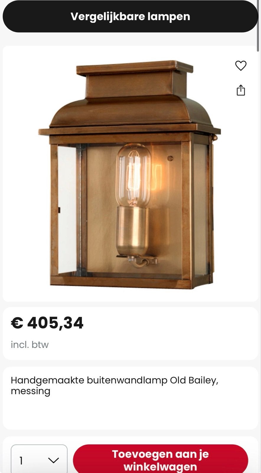 Elstead old bailey buitenlamp messing, Wandlamp, Nieuw, Ophalen of Verzenden, Netvoeding