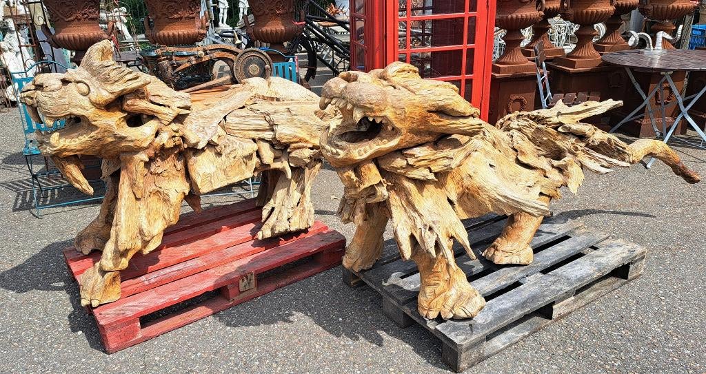 Stel teakhouten leeuwen beelden mooie grote blikvangers, Tuin en Terras, Ophalen, Gebruikt, Steen