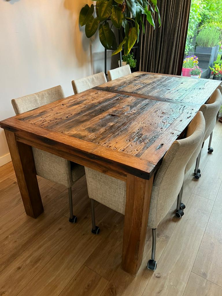 Premium reclaimed / wagonhout oud eiken eettafel, Ophalen, Eikenhout, 200 cm of meer, 50 tot 100 cm
