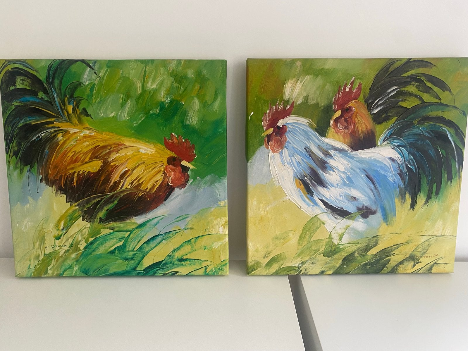 Twee kleurrijke schilderijen van hanen, Doek, Expressionistisch, Dieren, Ophalen of Verzenden