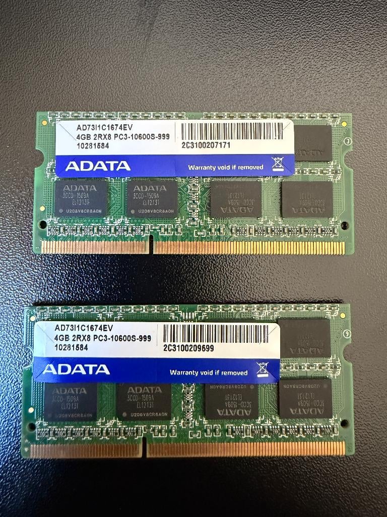 2x ADATA 4GB DDR3 SO-DIMM geheugen (totaal 8GB) – PC3-10600S, Computers en Software, RAM geheugen, Gebruikt, Laptop, 8 GB, DDR3