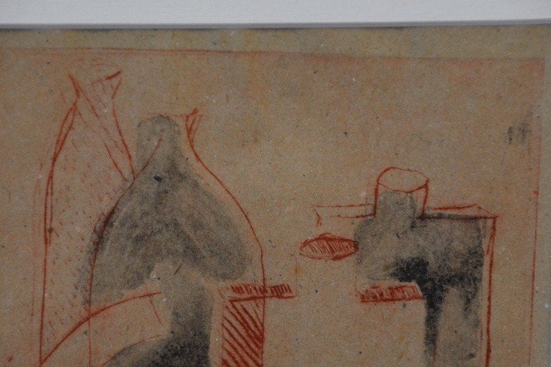 Ingelijste tekening van Jolly: Stilleven en flessen en pot., Antiek en Kunst, Kunst | Tekeningen en Foto's, Ophalen of Verzenden
