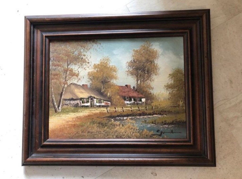 Schilderij olieverf op doek landschap huisje met rode dak, Ingelijst, Doek, Realistisch, Ophalen of Verzenden