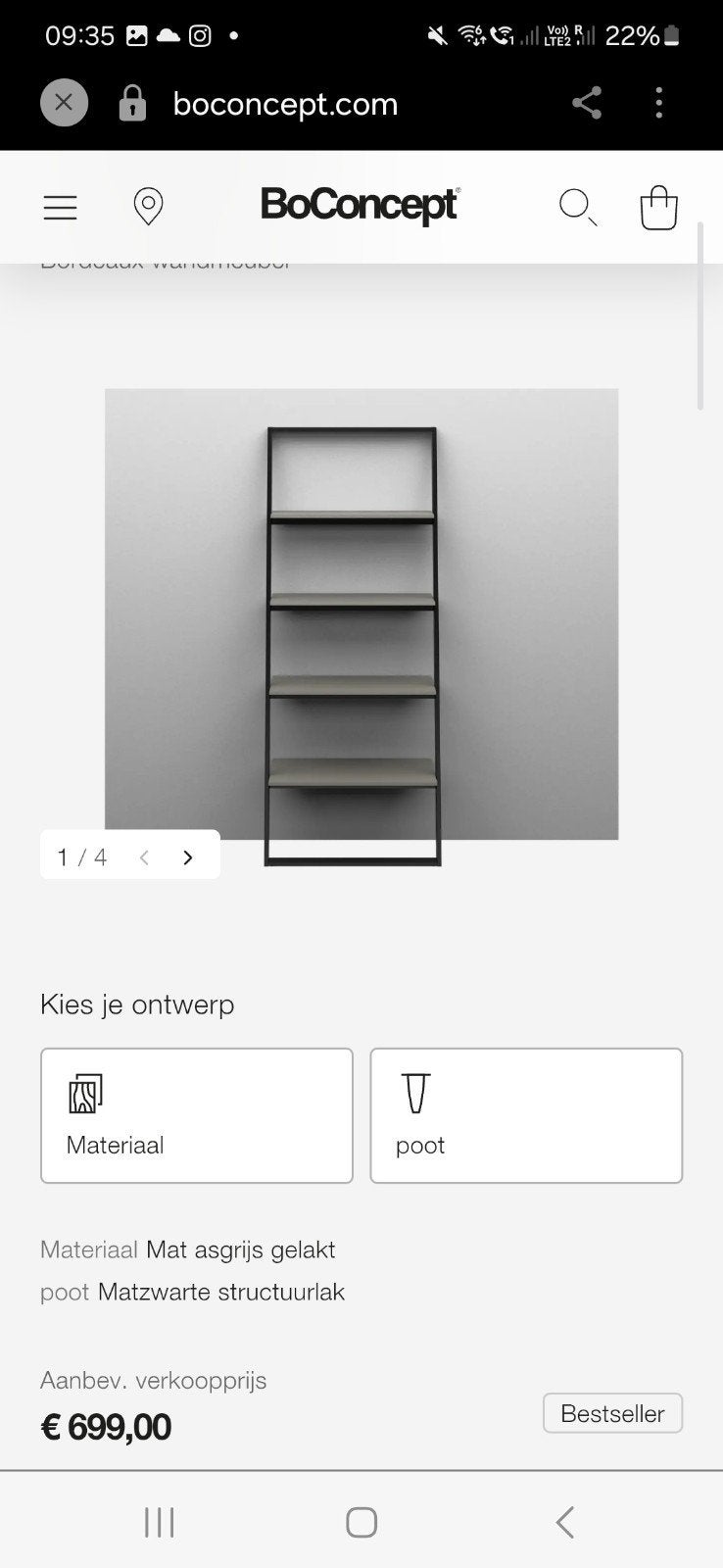 BoConcept Bordeaux wandmeubel / open kast - zwart/grijs, Ophalen, Met plank(en), Gebruikt, Modern, Industrieel, Minimalistisch