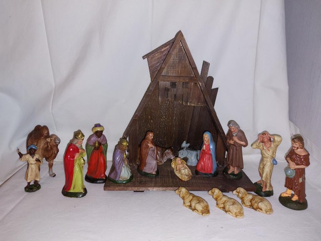 Papier maché Marolin kerstgroep met kerststal 13 cm, Ophalen of Verzenden