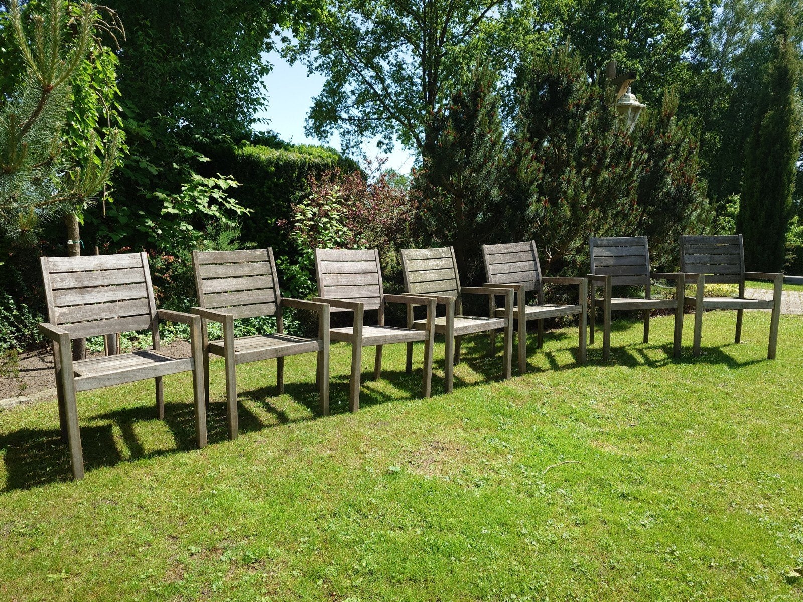 6+1 teakhouten Rough tuinstoelen, Ophalen, Gebruikt, Hout
