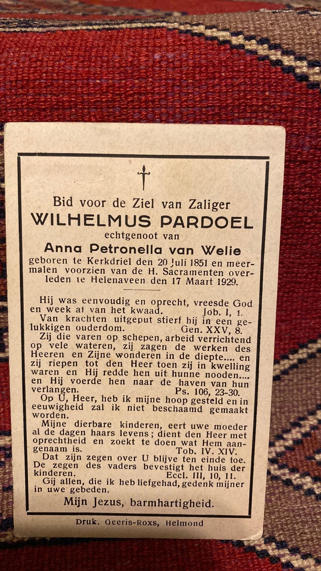 W Pardoel x van Welie 1751 Kerkdriel 1929 Helenaveen, Ophalen of Verzenden