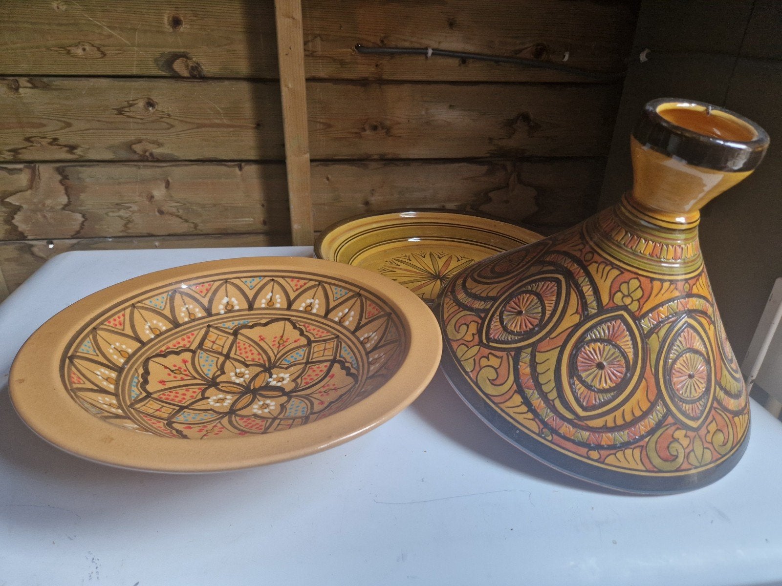 Prachtige handgeschilderde Marokkaanse Tajine en schalen, Aziatisch, Gebruikt, Overige merken, Keramiek