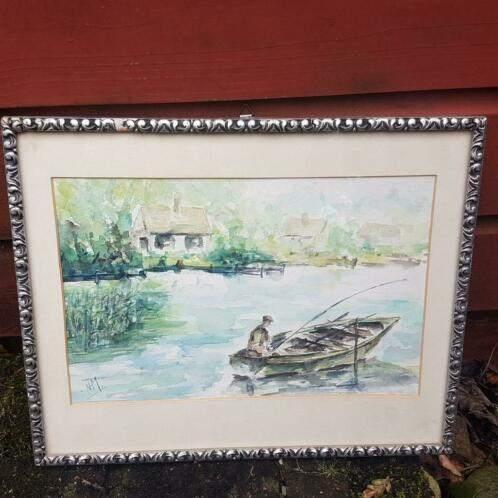 Aquarel vissen bij Marken Binnen gesigneerd NHM, Ophalen