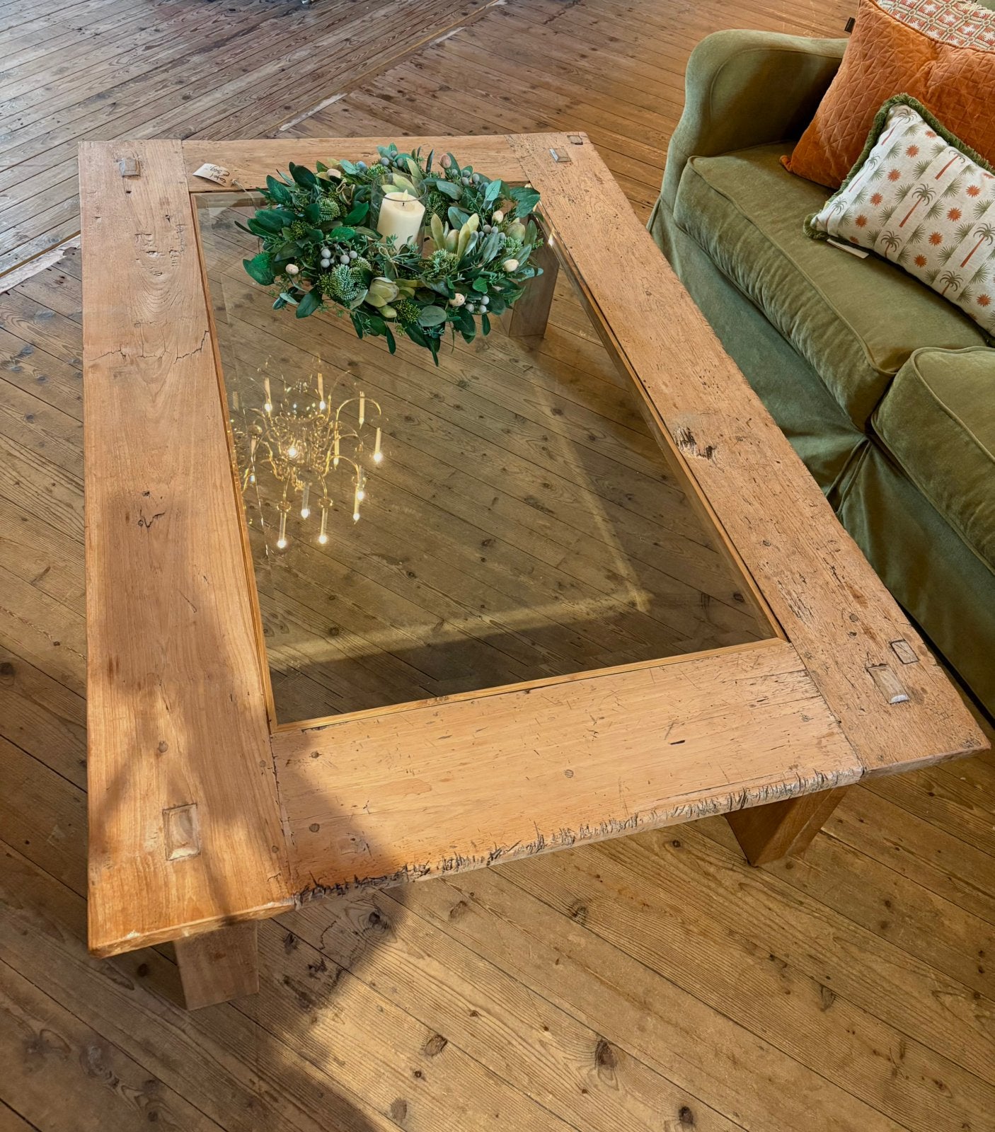 Mooie houten salontafel met facet geslepen glas, Ophalen, 100 tot 150 cm, Il fienile, Rechthoekig