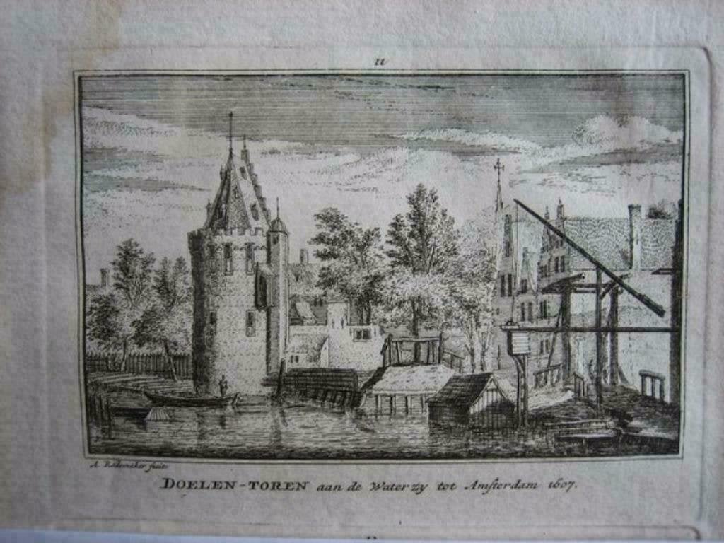 011 Amsterdam Doelen Toren Kopergravure 18e Eeuw, Antiek en Kunst, Kunst | Etsen en Gravures, Ophalen of Verzenden