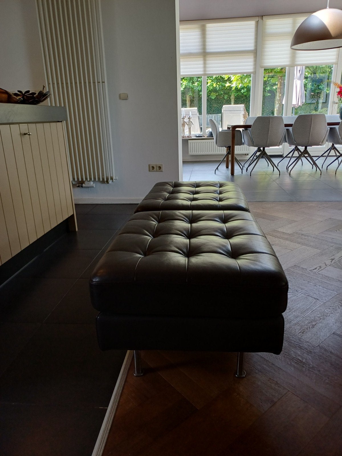Voetenbankjes donkerbruin leer Ikea, Ophalen, Leer, 75 tot 100 cm, Rechthoekig