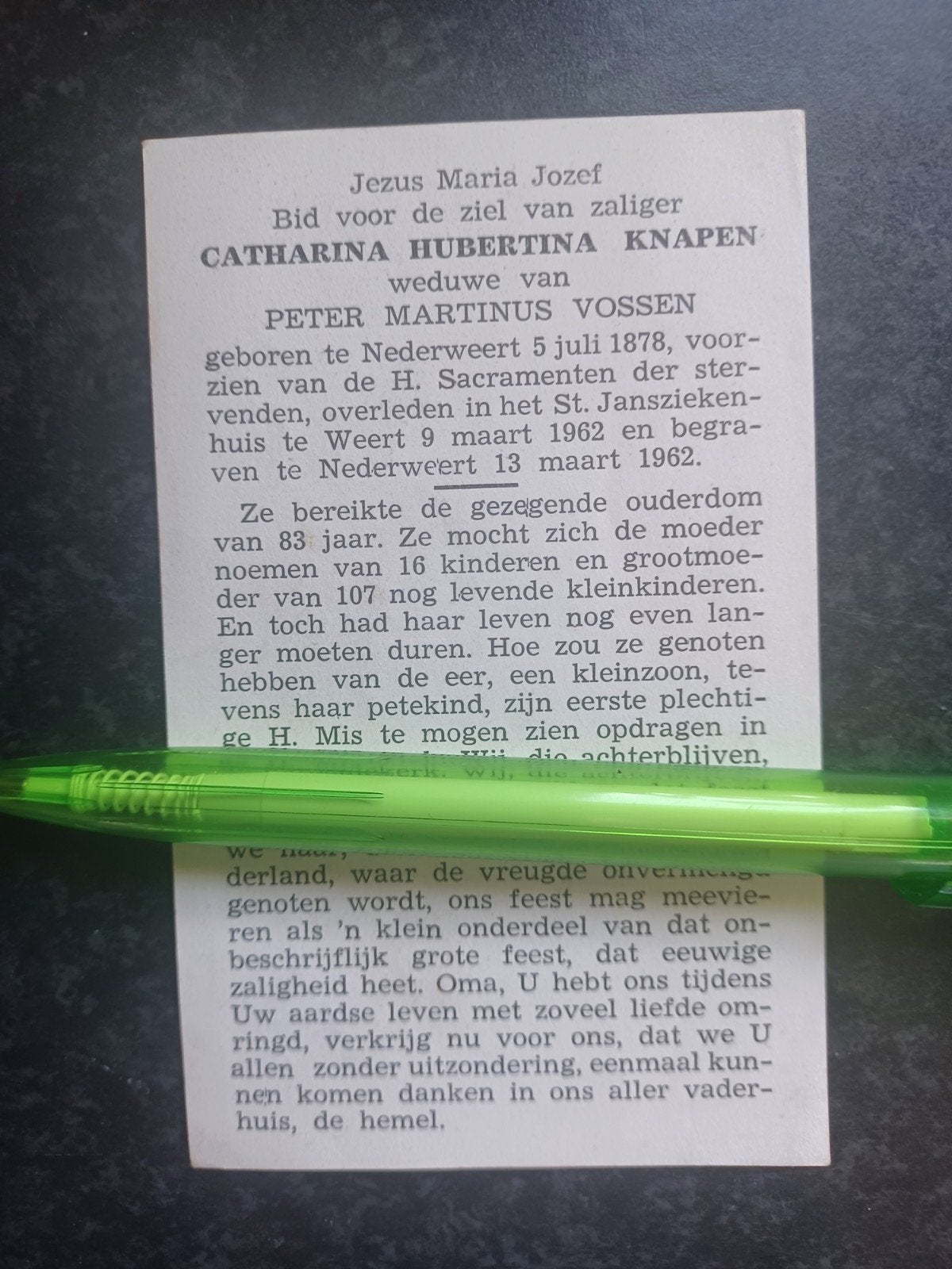 Bidprentje Nederweert Weert Catharina Knapen 1878 1962, Verzamelen, Bidprentjes en Rouwkaarten, Ophalen of Verzenden, Bidprentje