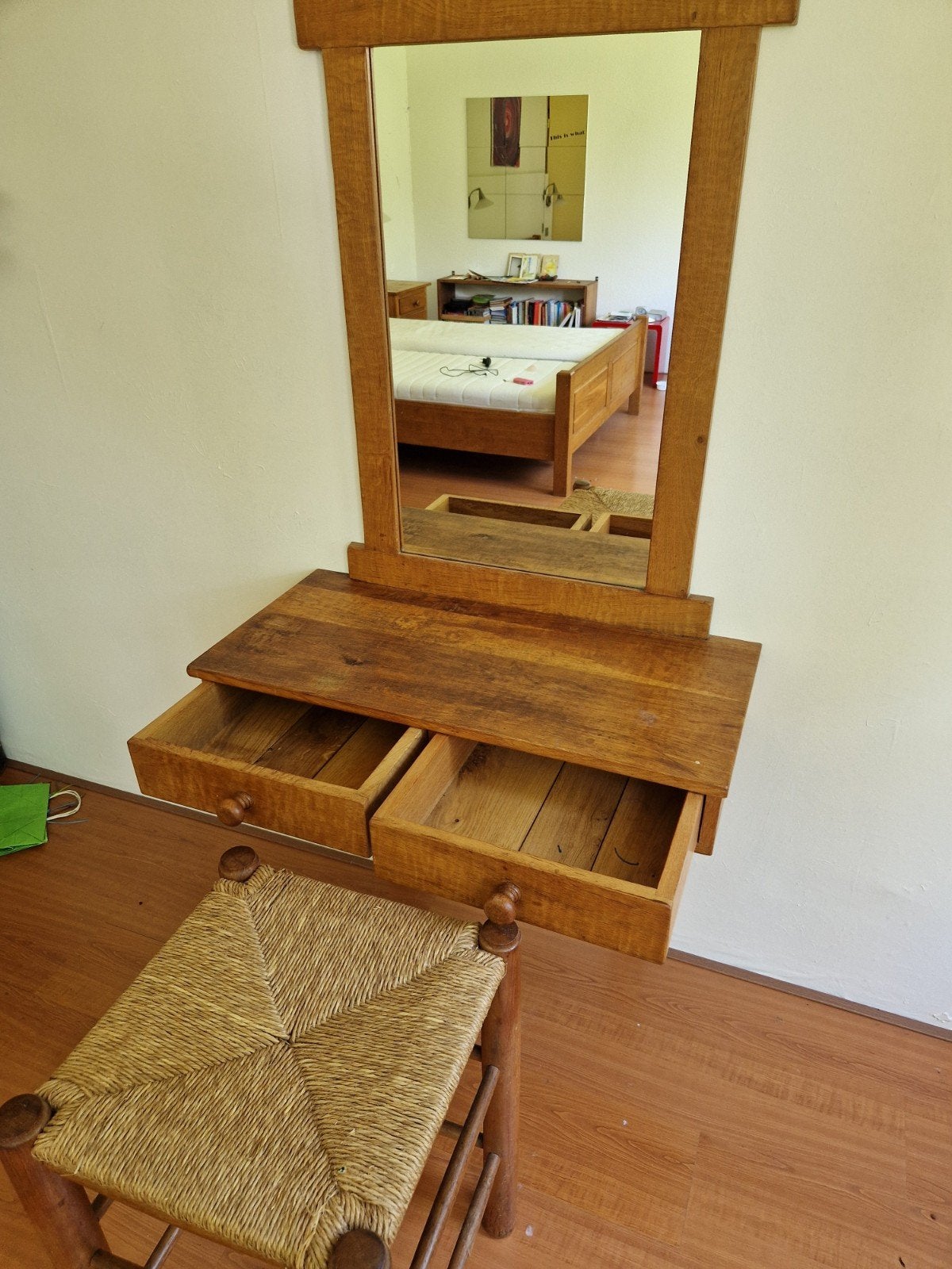 Eikenhouten kaptafel met spiegel en krukje, Huis en Inrichting, Ophalen, Gebruikt, 50 tot 100 cm, Rustiek, Landelijk
