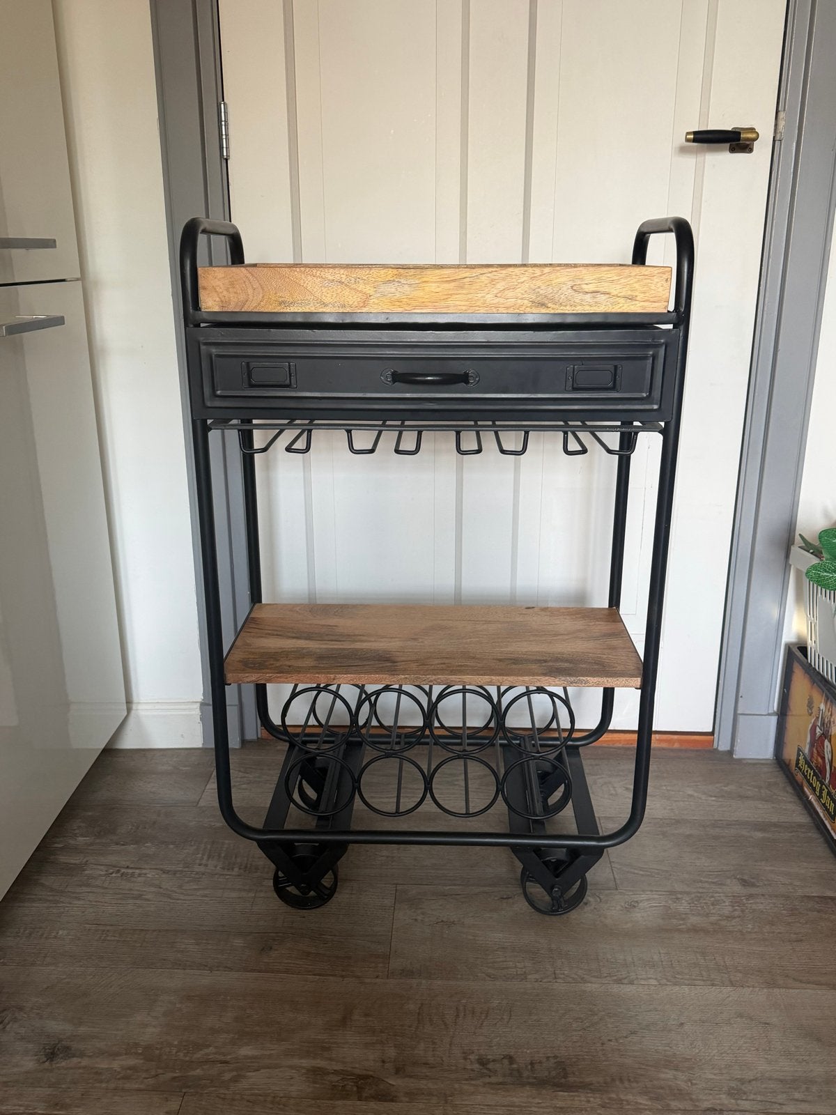 Wijnkarretje mangohout 95x60x30cm, Ophalen, Gebruikt, 5 tot 15 flessen, 75 – 100