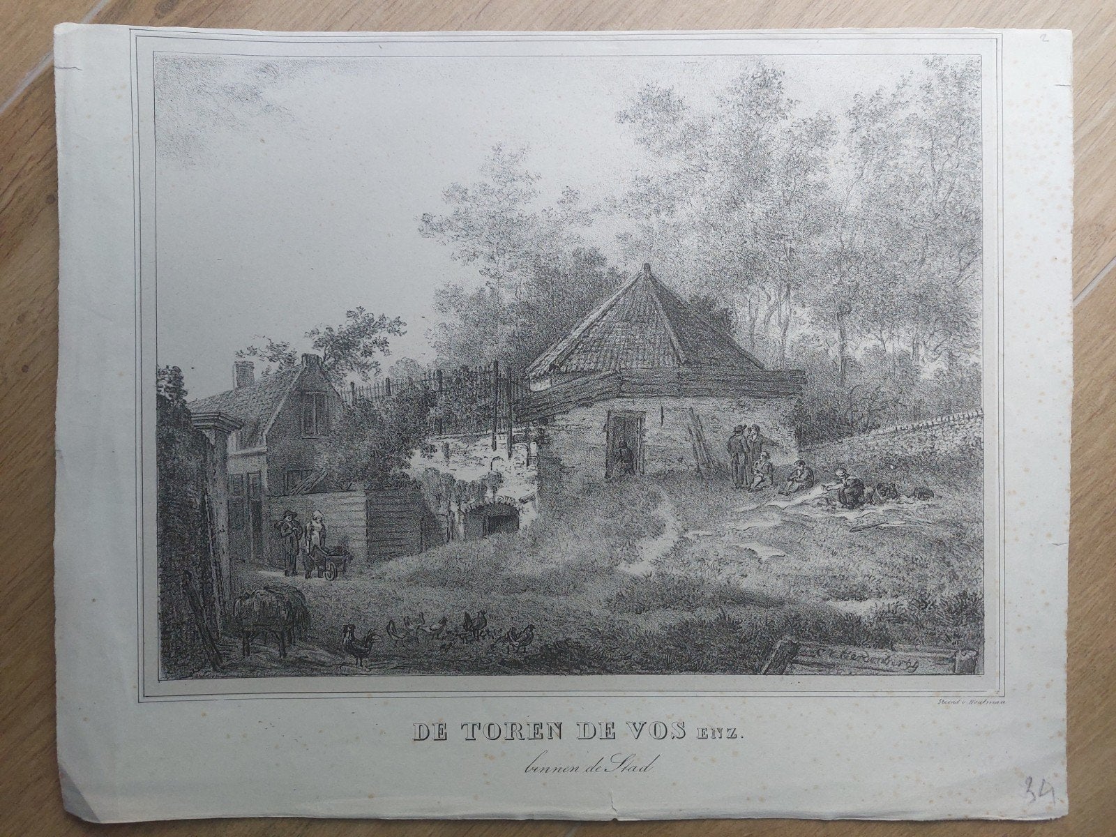 2 / Toren De Vos Utrecht - Originele steendruk 1828-1830, Gesigneerd in de plaat, Ophalen of Verzenden, Kaarten en plattegronden