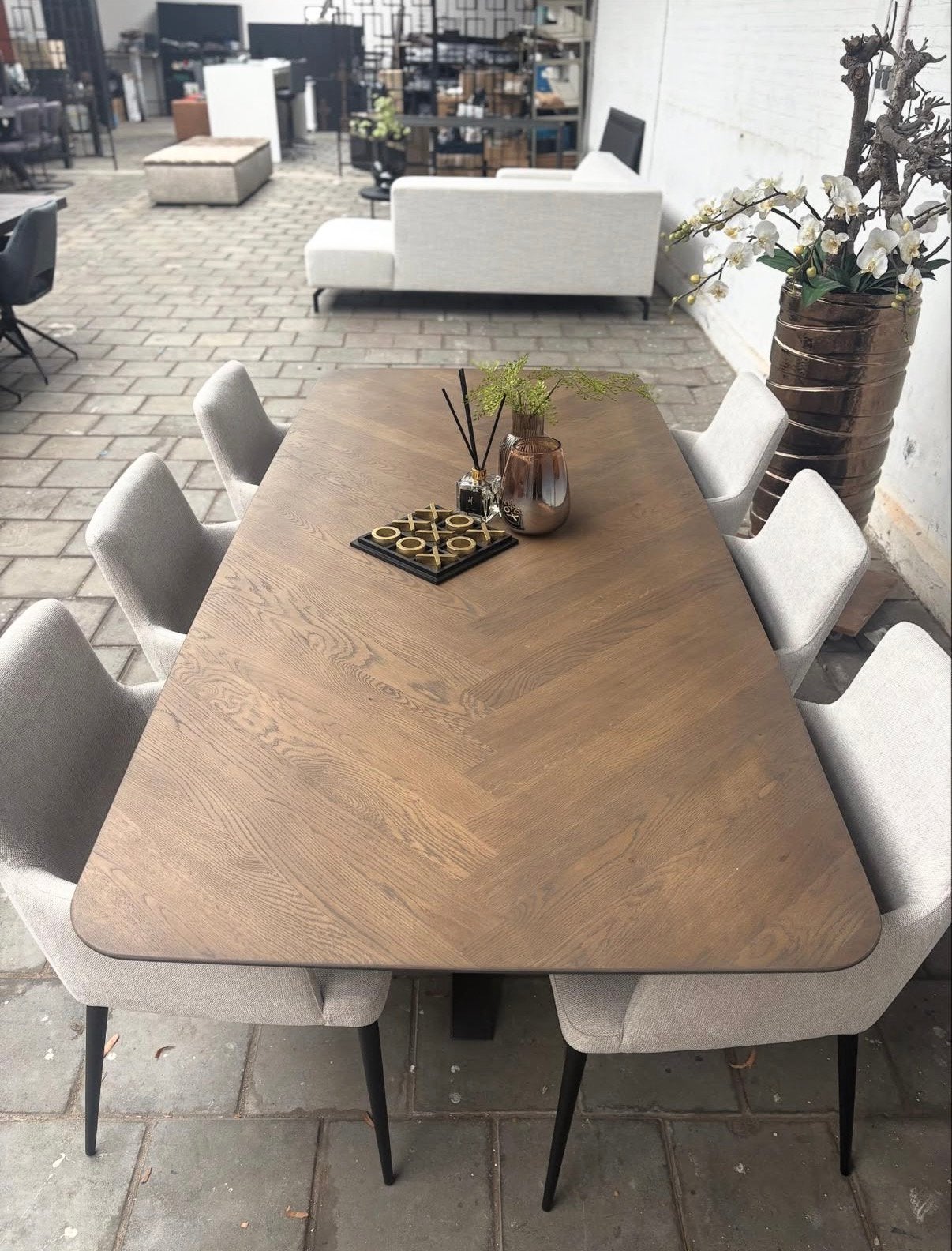 Donkerbruine visgraat eetkamertafel – 220 x 100 cm, Ophalen, Zo goed als nieuw