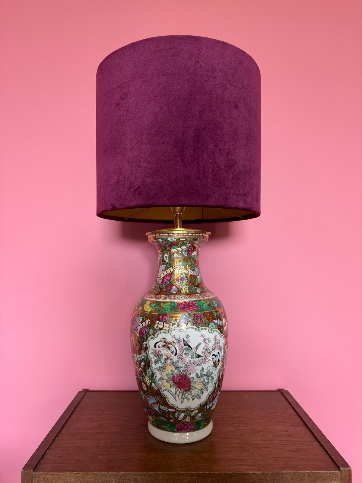 Handgemaakte Chinese Vaaslamp met aubergine Lampenkap, Ophalen, Overige merken, Gebruikt, Meerkleurig