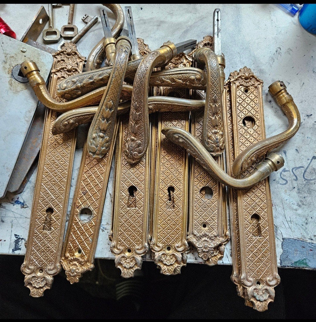 Bronzen deurbeslag 6 sets, Ophalen, Klink of Kruk