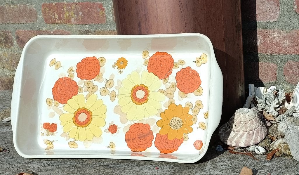 Vintage PILLIVUYT Locarno ovenschaal oranje geel bloem 38x21, Gebruikt, Keramiek, Ophalen of Verzenden, Schaal of Schalen