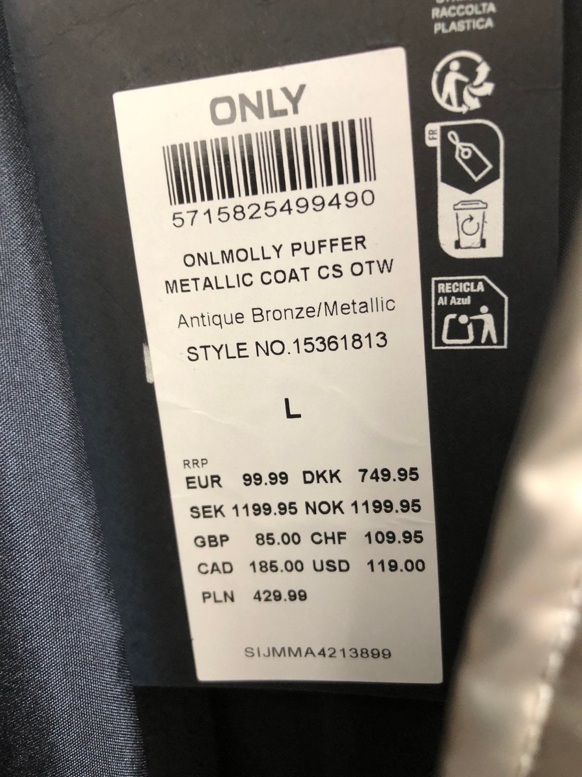 ONLY Gewatteerde Metallic Jas - Maat L, Kleding | Dames, Ophalen of Verzenden, Nieuw, Maat 42/44 (L), Overige kleuren