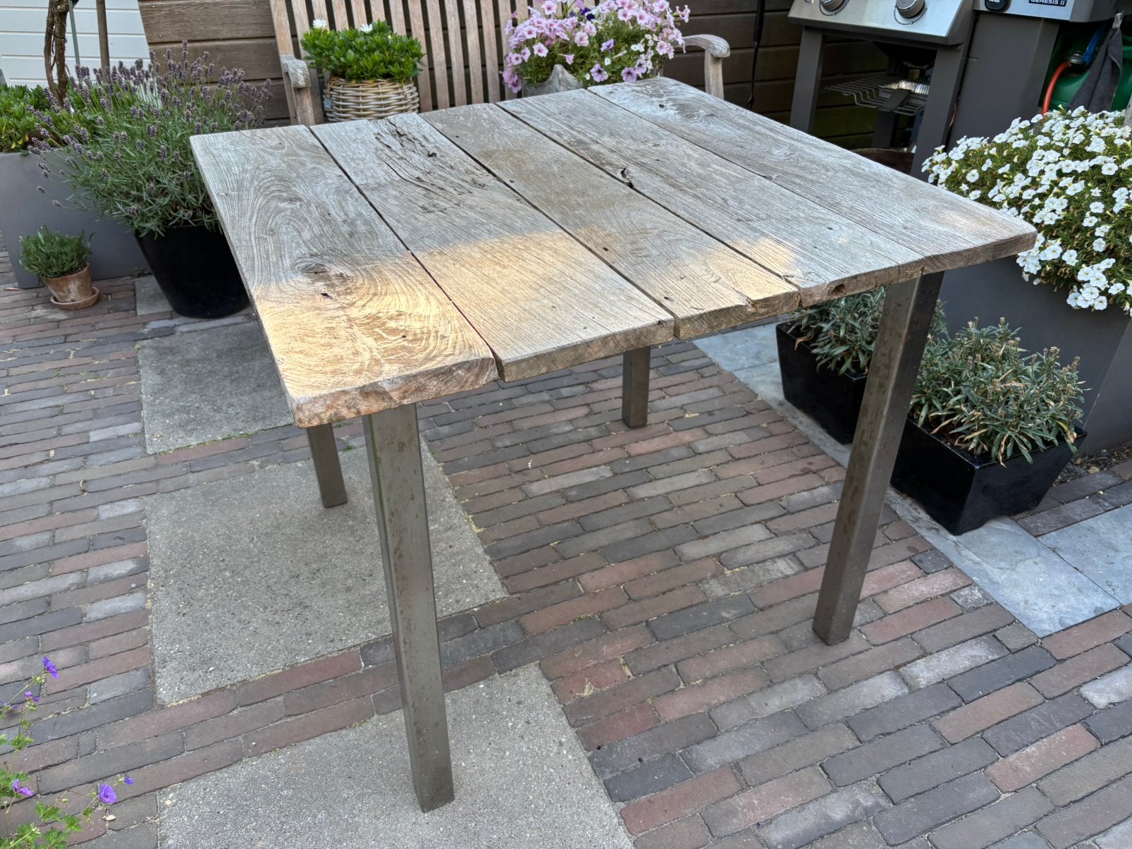 Tuintafel gerecycled teak, Tuin en Terras, Tuintafels, Ophalen, Gebruikt, Vierkant, Rvs