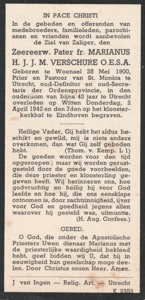 pater verschure woensel 1944, Ophalen of Verzenden, Bidprentje