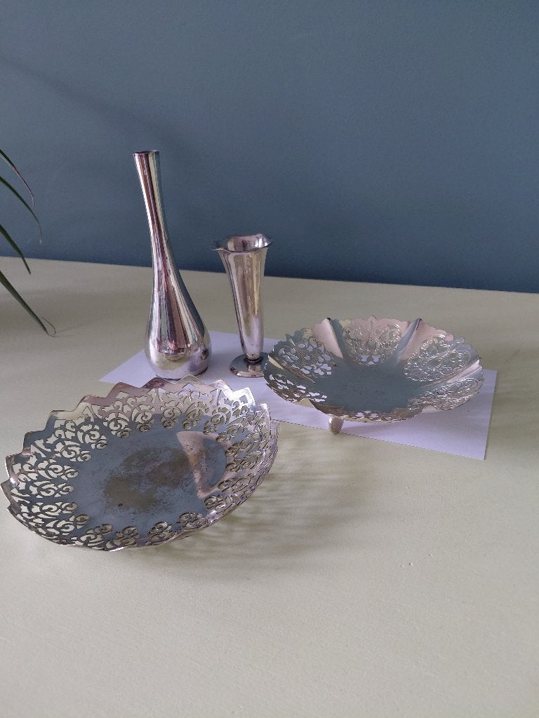 Verzilverd vaasje en schaaltjes, Antiek en Kunst, Ophalen, Zilver