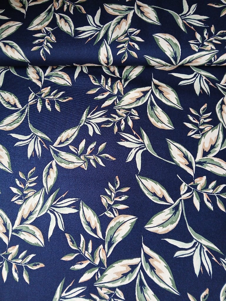 PROMO : Canvas stof bladeren, marine blauw, Hobby en Vrije tijd, Stoffen en Lappen, Blauw, 120 cm of meer, Ophalen of Verzenden