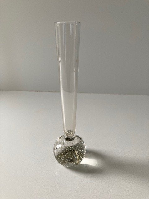 VINTAGE spijkerglas vaasje jaren 50/60 bolvoet luchtbellen, Ophalen of Verzenden