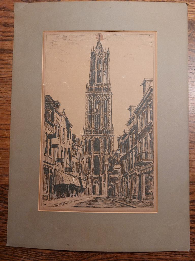 Domtoren Utrecht - Vintage Ets, Antiek en Kunst, Ets, Stadsgezicht, Ophalen of Verzenden, Met monogram