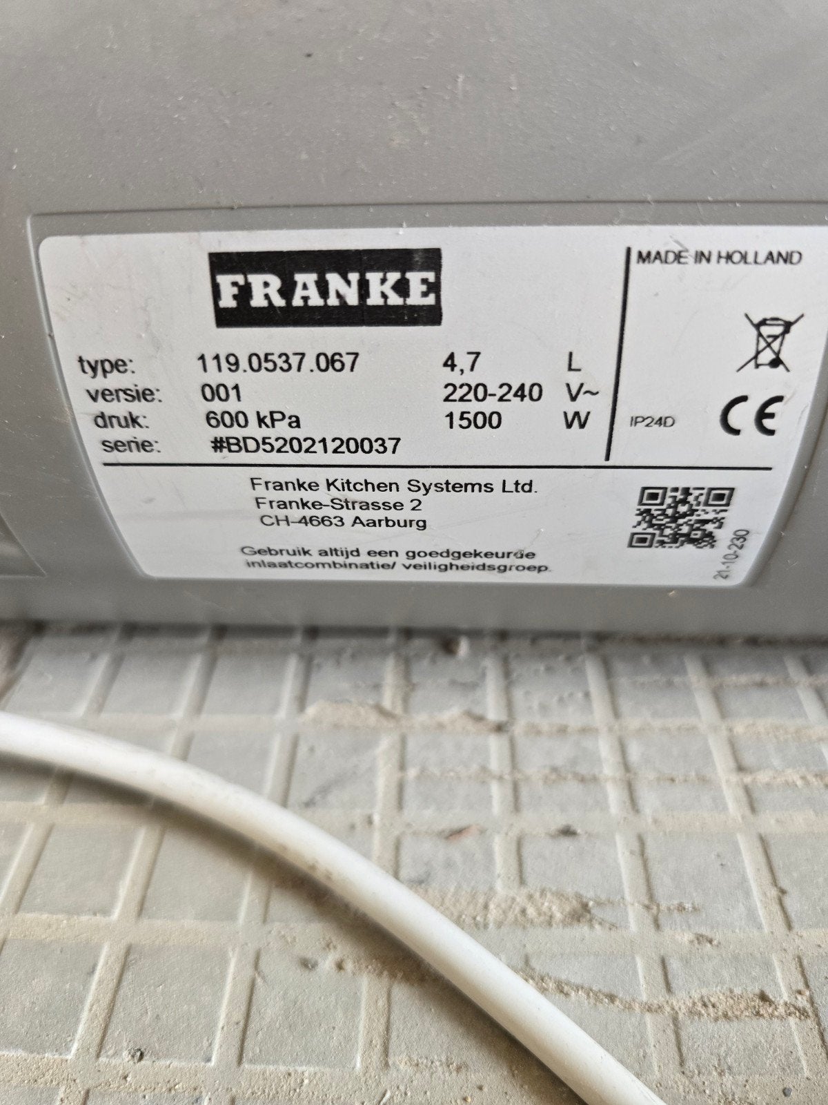 Franke 119.0537.067 Boiler - 4.7L, 1500W, 220-240V, Ophalen of Verzenden, Zo goed als nieuw